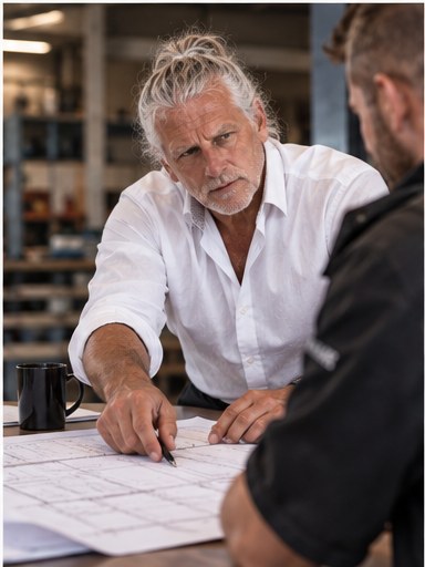 Dieter Schmitz bei der Planung im Büro mit einem Kunden