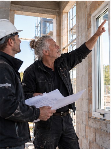 Dieter Schmitz bespricht einen Fenstereinbau mit einem Handwerker auf der Baustelle