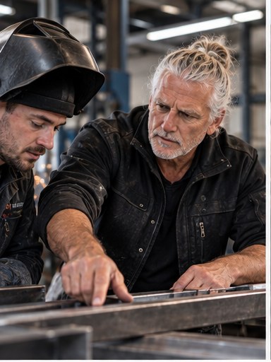 Dieter Schmitz bei der Metallbearbeitung mit einem Handwerker in der Werkstatt